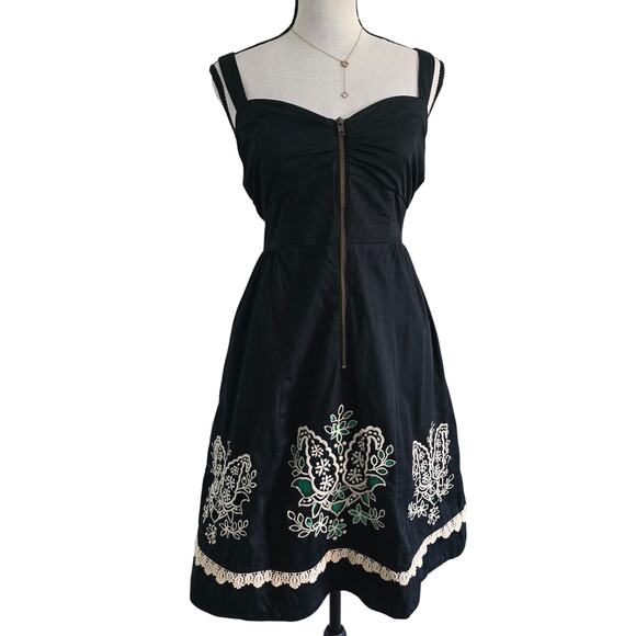 Anthropologie Dresses & Skirts - Anthropologie Y2K Black Embroidered Dress Sz 10 Zip Front Strappy Babydoll
